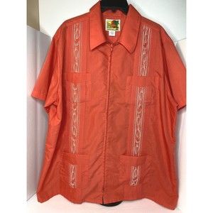 Haband Guayabera Cuban Shirt XL Mens Short Sleeve Full Zip Pockets Coral Orange